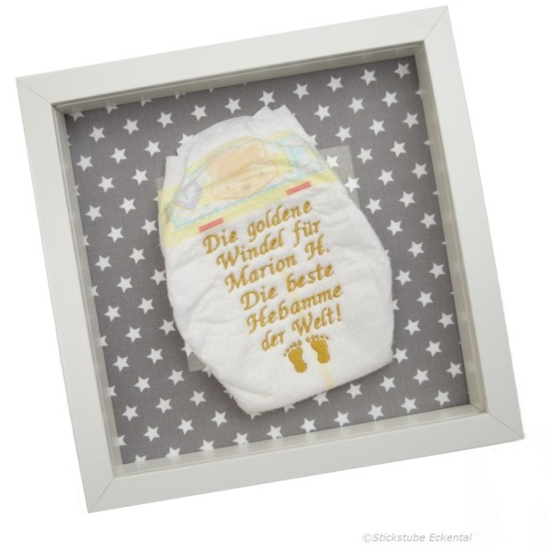 Goldene Windel im Rahmen Hebamme